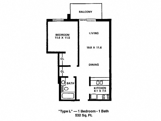 Floor plan for 1 bed, 1 bath, 532 sqft
